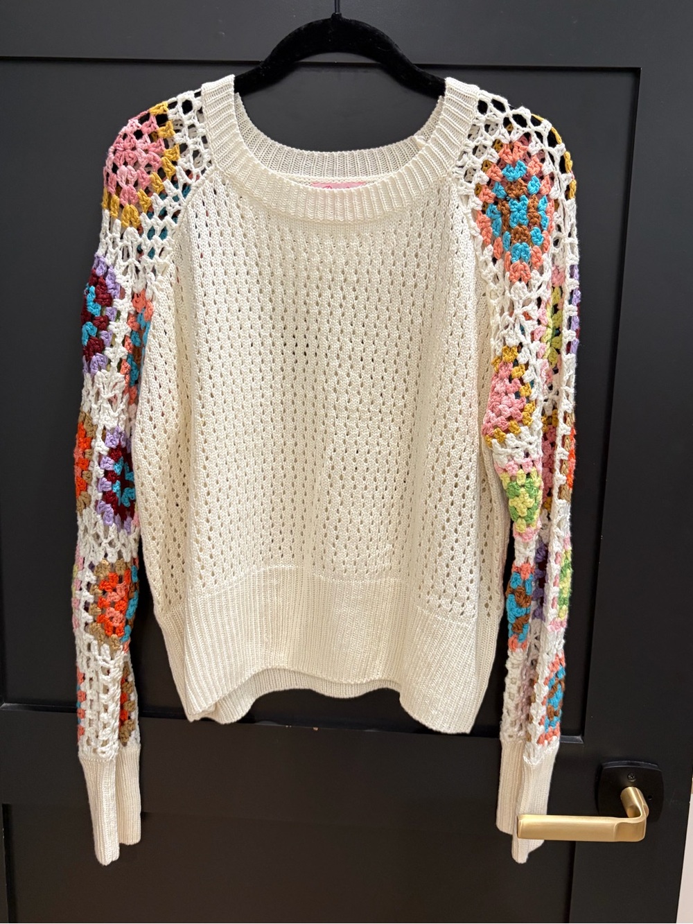Pink Lily Cream Crochet-Sleeve Crewneck Sweater with Multicolor Accents
